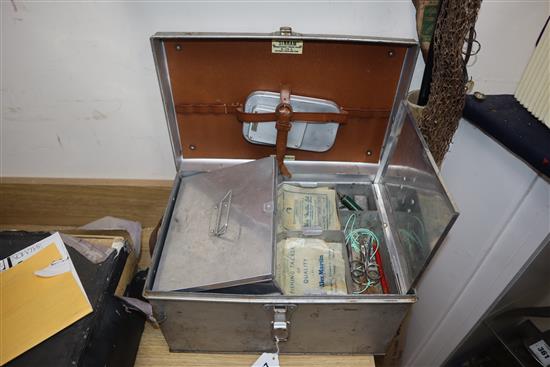Three fishing rods and a box of flies etc